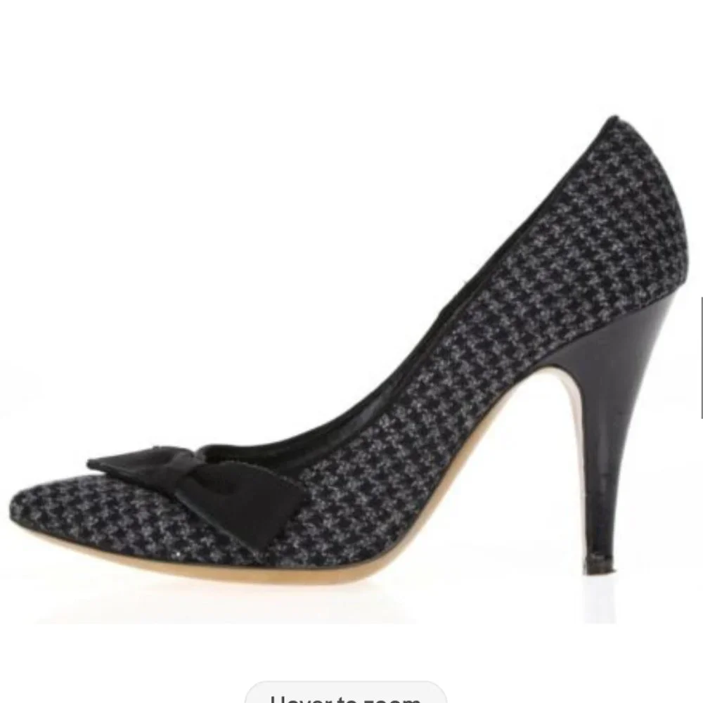 Moschino Gray Plaid Fabric Leather Bow Pumps